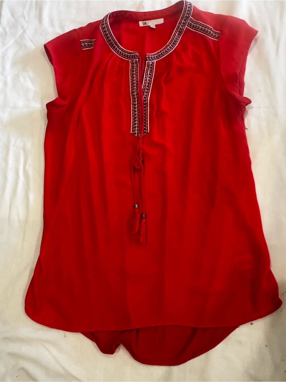 DR2 Red Embroidered Tie-Front Cap Sleeve Blouse
